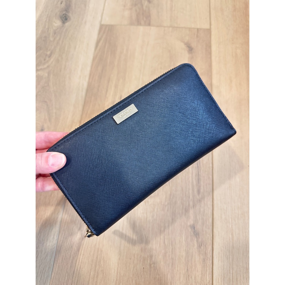 Kate Spade Black Saffiano Leather Zip Around Continental Wallet Stripe Interior